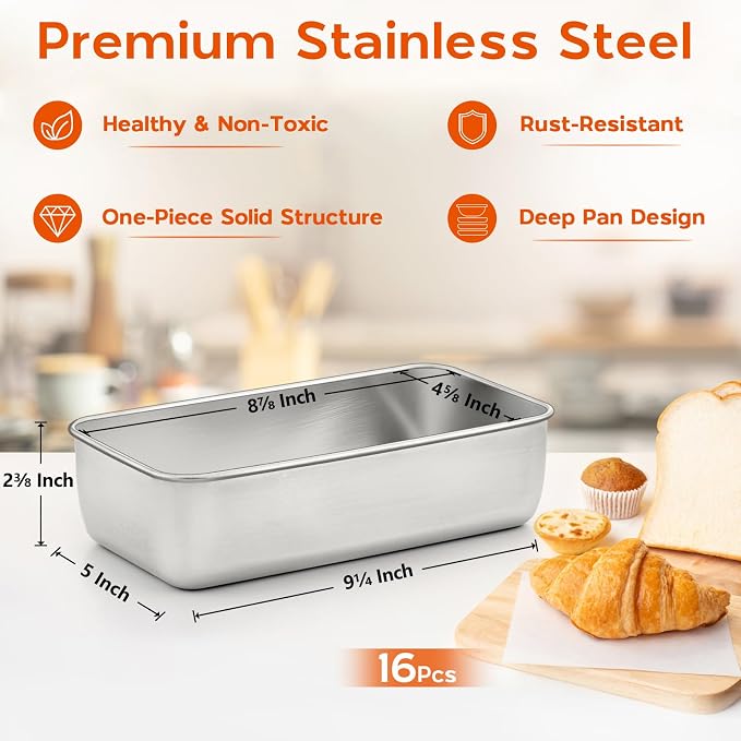 Onader 9x5 Inch Loaf Pan Set of 16, Stainless Steel Bread Pan for Baking, Loaf Tins for Meatloaf Homemade Bread Cake Brownies, Non Toxic, Oven & Dishwasher Safe