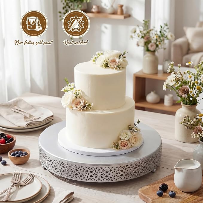 Wenqik Cake Stand 16 Inch Round Metal Cupcake Dessert Wedding Cake Stand Cookies Display Holder Fruit Serving Tray for Table Wedding Birthday Anniversary Party(Silver)