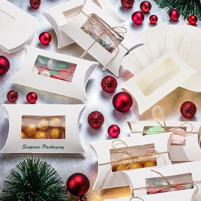 40 Pcs Pillow Gift Boxes with Windows,Kraft Paper Mini Pillow Packaging Box, Creative Favor Box Folding Treat Boxes with Clear Window for Bakery Candy Chocolate Jewelry Display Wedding Party Favor