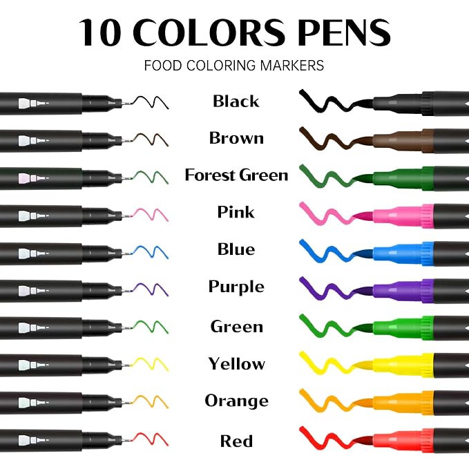 Edible Markers – 10Pcs Double-Sided Food Coloring Pens with Fine & Thick Tips for Cookie Decorating, Fondant, Desserts & Easter Eggs