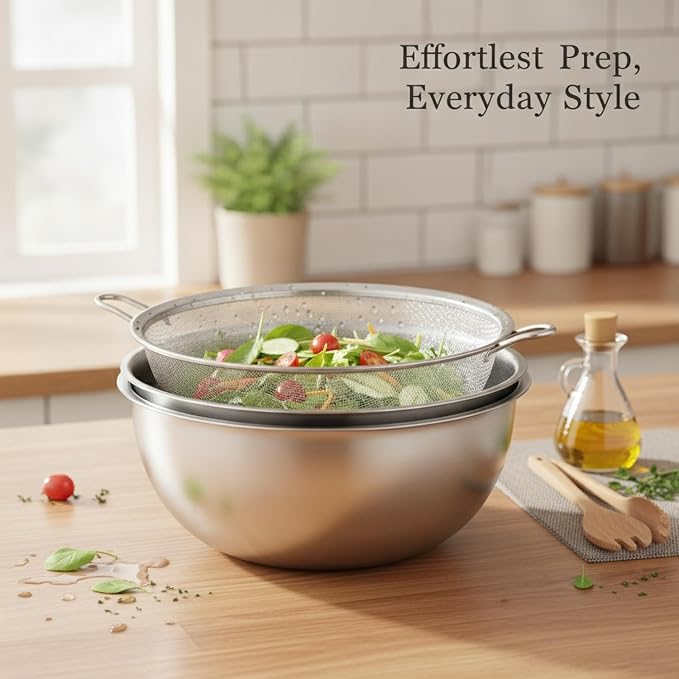 Home Cooks Stainless Steel Mixing Bowl Set with Nested Strainer for Efficient Washing and Food Prep
