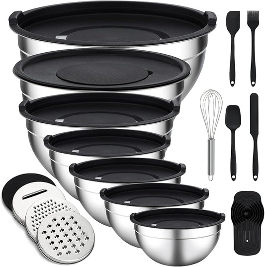 Unokit Mixing Bowls with Lids Set - 16 Pcs Stainless Steel Nesting Mixing Bowls with Grater Attachments, Mixing Bowl Set for Multi Mixing & Serving
