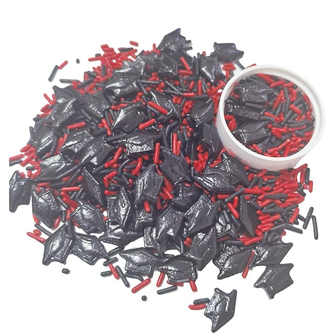 Senchanting Edible Graduation Day Sprinkles, Edible Black Red Jimmies Sprinkles, Black Graduation Caps Mixed with Soft Jimmies for Ice Cream Cupcakes Cookies Topping Cake Decorating Baking 100g/3.53oz