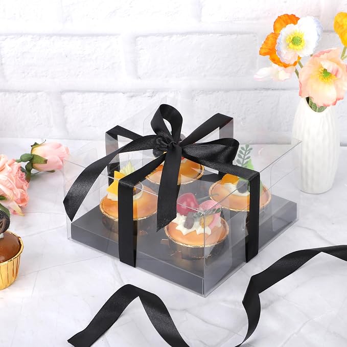 EUSOAR Black Cupcake Boxes, 6 Pack Bakery Treat Dessert Containers 4 Count with Inserts, Clear Disposable Cookies Muffins Pastry Gift Holder Assembly Mini Cake Carrier for Wedding Party Favor Bakery
