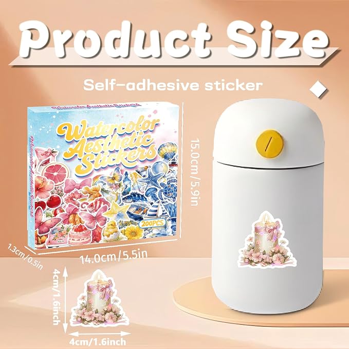200 Pcs Cute Aesthetic Stickers Watercolor Coquette Sticker Fruit Aesthetic Vinyl Waterproof Stickers for Water Bottles Laptop Computer Skateboard Luggage