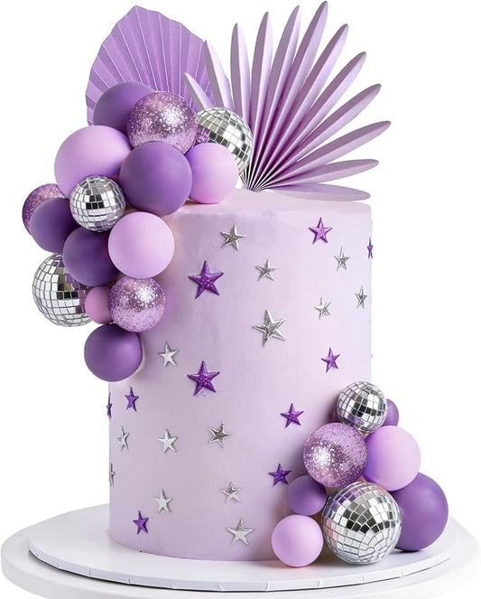 38 PCS Balls Cake Toppers Palm Leaves Cake Decorations for Birthday Wedding Baby Shower Party Supplies (Purple)
