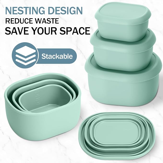Blushtier 12 Pcs Silicone Food Storage Containers with Lids Reusable Silicone Snack Container 3 Size Silicone Lunch Box Bento with Lids Freezer Dishwasher Safe,6.7oz, 10oz, 20oz(Mo Landi Color)