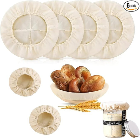 Koackl Bread Proofing Cover - 4 Pack Basket Linen Cloths & 2 Jar Covers, Reusable Cotton Bread Proofing Liners for Sourdough Baking, 10" Compatible with Round/Oval Banneton Baskets