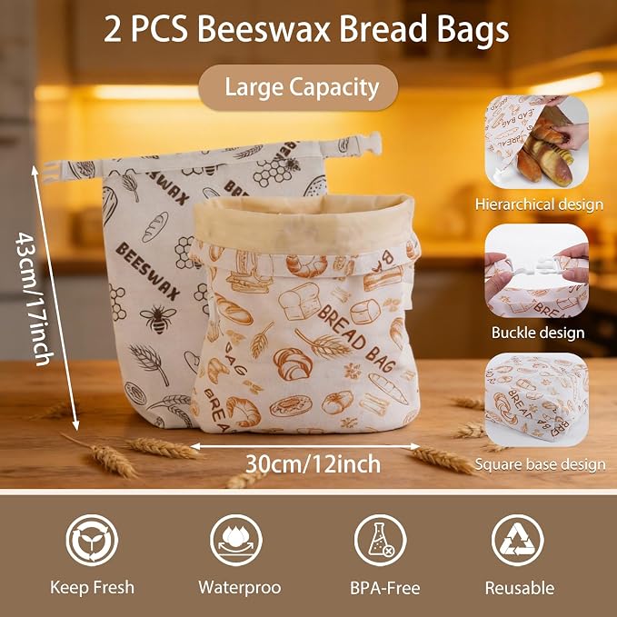 Beeswax Bread Bag for Sourdough, Large Linen Bread Bags for Homemade Bread with Wide Bottom, Washable & Eco-Friendly, Keeps Bread Fresh Longer, 2026 Upgraded Sourdough Storage Bag - 2 Pack