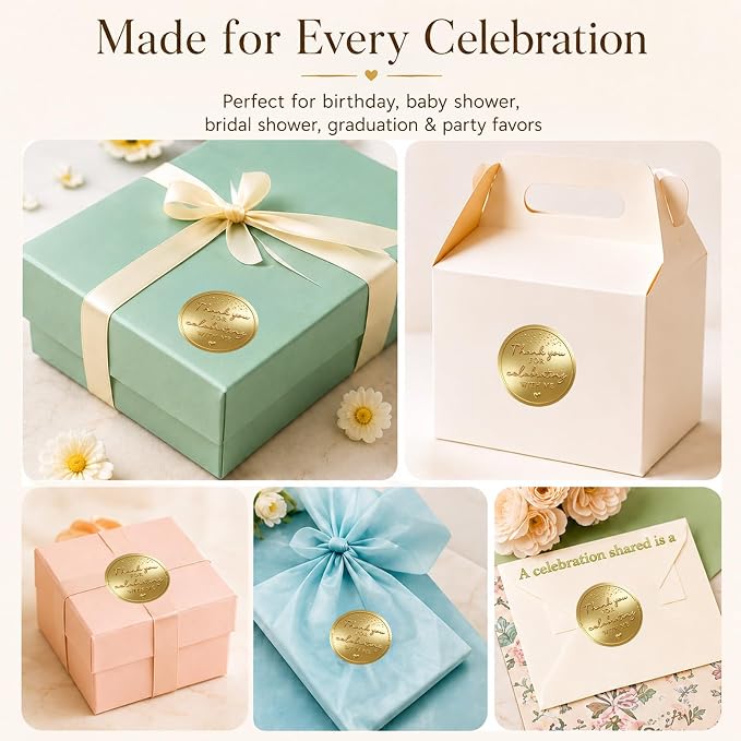100PCS Thank You for Celebrating with Me Stickers, Embossed Matte Gold Party Favor Labels for Birthday, Baby Shower, Bridal Shower, Graduation & Gift Bag Packaging 1.6 Inch