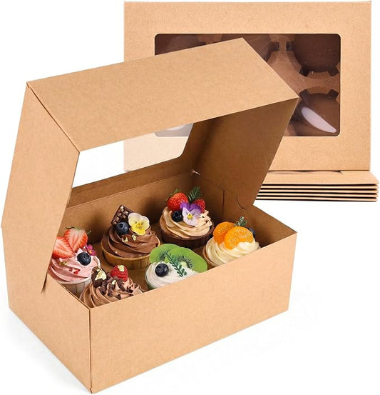 HANSGO 6 PCS Cupcake Boxes, 9.5x6.3x3.5 Inch Cupcake Containers Brown Pastry Boxes with Inserts 6 Holders for Muffins Pastry Strawberry, Party Supplies