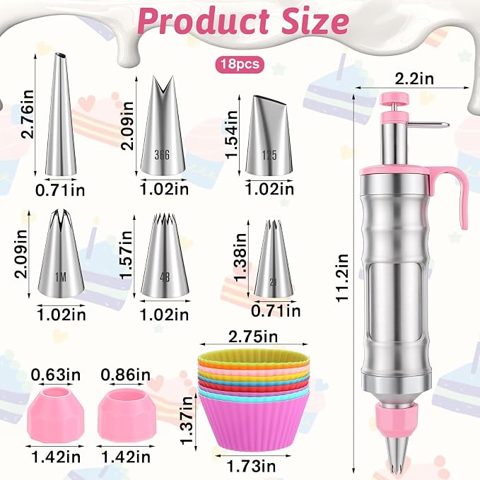 Dessert Decorating Syringe Set, Including 6 Piping Tips & 9 silicone cupcakes, Stainless Steel Frosting & Icing Piping Kit for Cake Decorating Tools Cupcake Decor