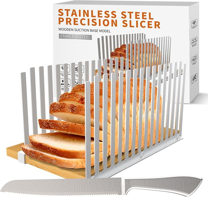 Adjustable Bread Slicer with Suction Cup Base – Perfect for Homemade Sourdough & Sandwich Bread | Portable Bamboo Design for Even Slices, Easy Storage, and Kitchen/Bakery Use