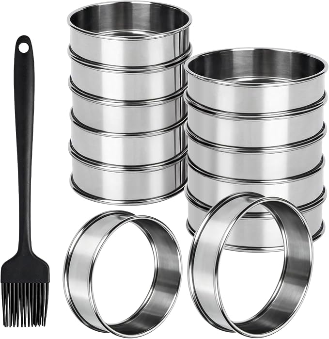 FANGSUN 12 Packs English Muffin Rings, 4 Inch + 3.15 Inch Stainless Steel Crumpet Rings, Tart Rings for Baking Double Rolled Nonstick Round Cake Ring, Metal Pastry Ring Mold