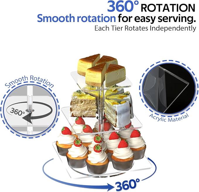 3-Tier Rotating Cupcake Stand, Clear Acrylic 360° Spinning Dessert Display Tower for Cakes & Pastries, Serving Stand for Weddings, Birthdays, Parties - Square