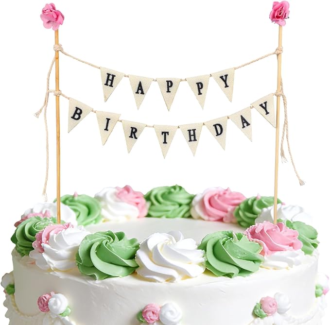 Happy Birthday Cake Bunting Topper Garland, Handmade Birthday Cake Pennant Banner Flags with Wooden Pole & Pink Flower Party Decoration Supplies