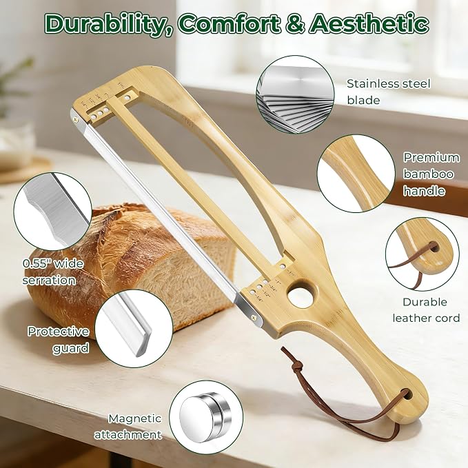 Adjustable Bread Slicer for Homemade Bread, 16.5'' Sourdough Bread Knife with Magnetic Adjustment Mechanism 5 Thickness Guides, Stainless Steel Serrated Bread Cutter for Bagels, Baguettes (Natural)