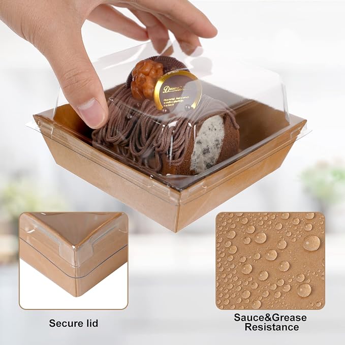 Kosotody 50 Pack Charcuterie Boxes with Clear Lids, 4 Inches Brown Oil-Proof Kraft Paper Food Containers Bakery Boxes for Sandwich, Cookies, Hot Cocoa, Cupcakes and Strawberries（Brown）