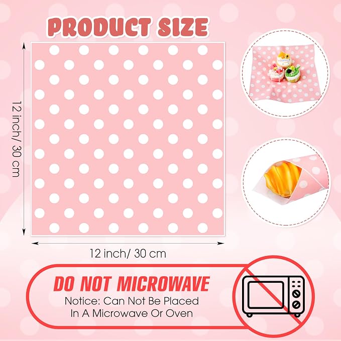Gersoniel 150pcs Wax Paper Sheet for Food Dot Printed Bakery Tissue Greaseproof Disposable Wrapping Paper for Sandwich Food Picnic Baskets Liner Wedding Birthday Party Supplies(Pink,12x12'')