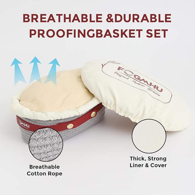 2-Pack Banneton Bread Proofing Baskets – Sourdough Starter Kit for Home Bakers, Cotton Rope Bannetons with Liners, Hanging Hooks, Dough Guide (10" Oval)