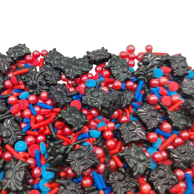 Edible Spider Sprinkles, Red Blue Black Sprinkles for Cake Decorating, Pearls Jimmies and Round Cake Decoration for Cake Cupcake Toppers, Baking, Cookie, Birthday Party Halloween Supplies