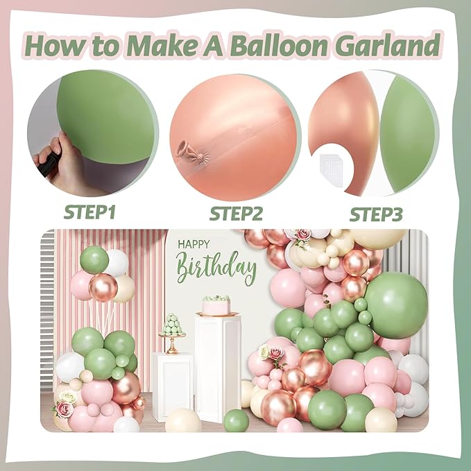 Sage Green Pink Balloon Arch Kit - 144 pcs Olive Green Pink Sand White Balloons with Rose Gold Metallic Latex Balloons for Girl Birthday Wedding Bride Shower Party Decorations