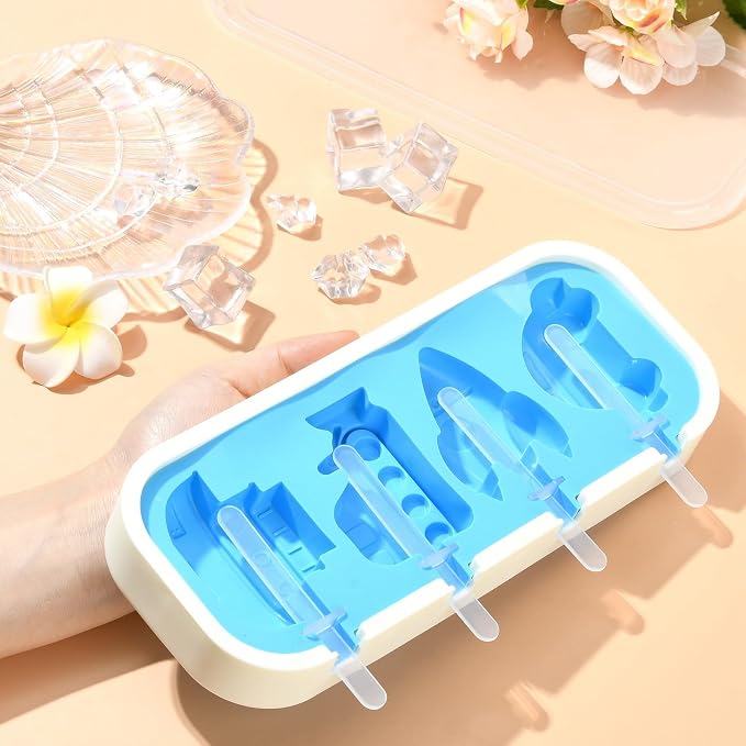 Ipotkitt Blue Vehicle Silicone Ice Cream Mold Car Rocket Ship Candy Molds for Ice Cream Chocolate Jelly Cake Ice Crafts, 1pcs, 9.5x23.5x3cm, 4 Cavities