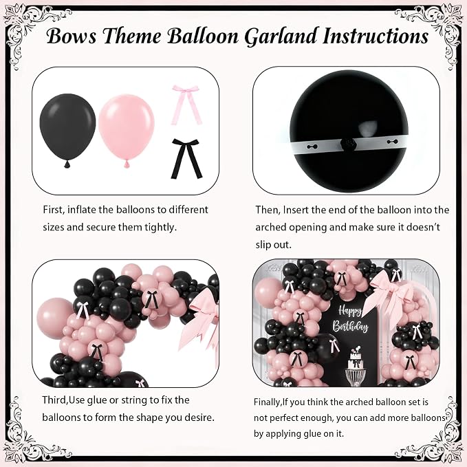 Pink Black Balloon Garland Arch Kit, 172Pcs Pink and Black Balloons for Coquette Birthday Wedding Baby Shower Bridal Shower Graduation Prom Party Decorations with Bows
