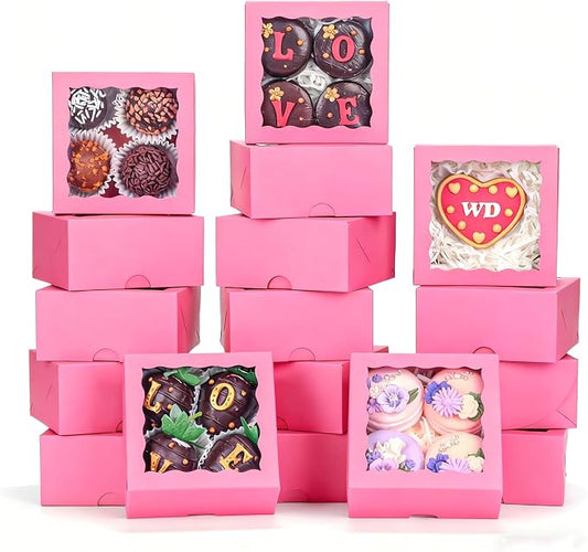 90 Pack 4x4x2 Inches Pink Bakery Boxes (Clear Window) – Ideal for Packaging Macaron, Ores, Chocolate Truffle, Strawberry, Cookie, Donut, Pie – Party, Wedding, Holiday Favors