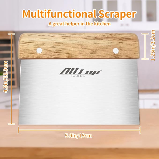 ALLTOP Dough Cutter – Premium Stainless Steel Food Scraper for Bread and Pastry – Bench Scraper with Ergonomic Wooden Handle – Multipurpose Kitchen Tool