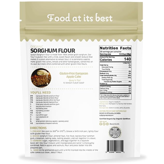 Quay Naturals Organic Sorghum Flour 2lb - Organic Jowar Flour - Made With Gluten Free Sorghum Whole Grain - Non GMO - Gluten Free Baking Flour