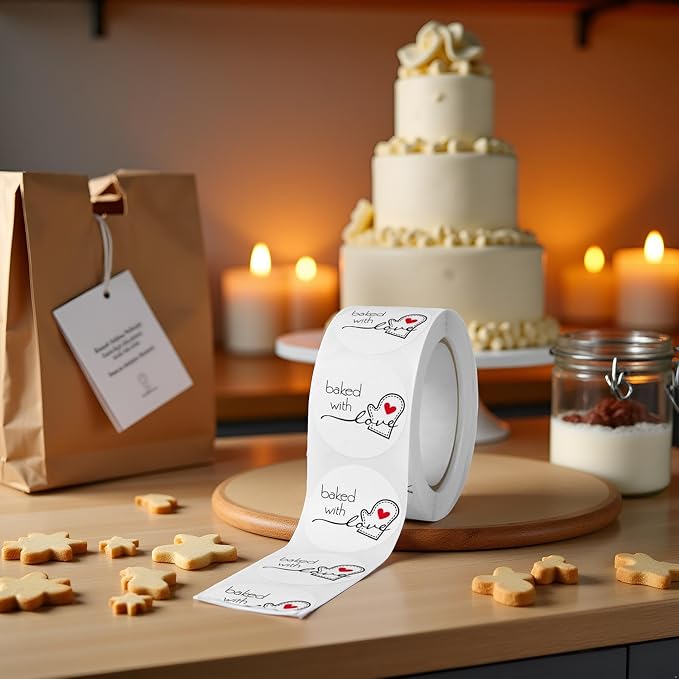 500Pcs/Roll White Baked with Love Adhesive Stickers Round Baking Stickers Bakery Bags Candle Packaging Sticker Labels,Labels and, Indexes and Stamps