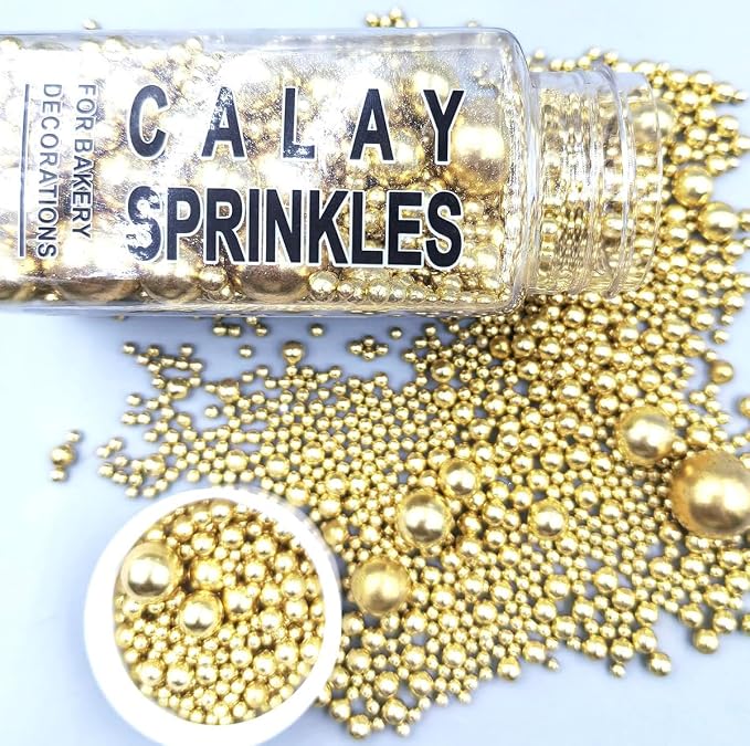 Edible Pearl Sugar Sprinkles Gold Candy Mixing Size Baking Edible Cake Decorations Cupcake Toppers Cookie Decorating Celebrations Wedding Valentines Easter Halloween Christmas Supplies 120g/ 4.23oz
