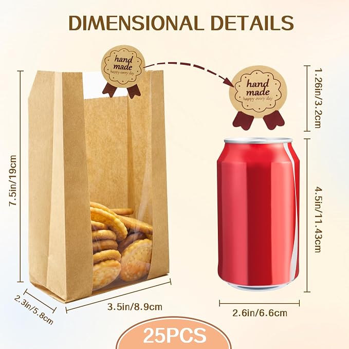 WIKDAY Bakery Bags with Window 25PCS Paper Cookie Bags Small Pastry Bags for Baked Goods Gift Giving Snack Treat Desert Packaging Storage Includes 25PCS Label Seal Stickers 3.5x2.3x7.5in