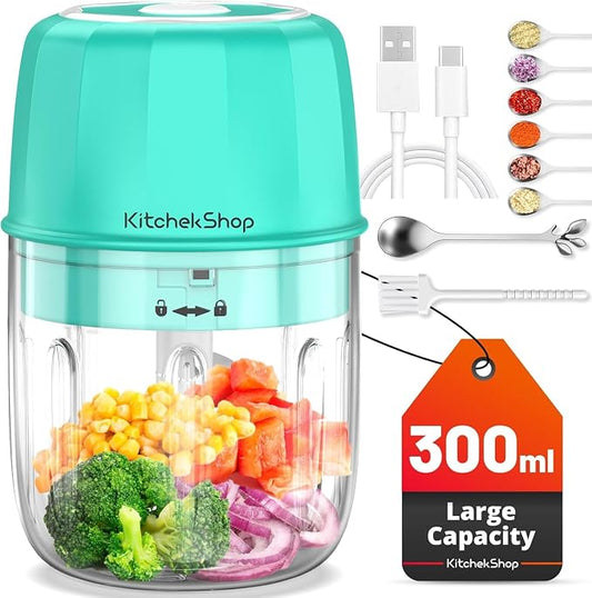 Electric Garlic Chopper, 300ML Portable Cordless Mini Food Processor, Rechargeable Vegetable Chopper Blender for Nuts Chili Onion Minced Meat and Spices (Green)