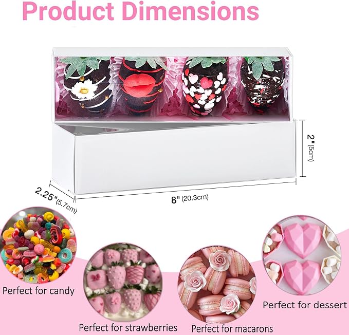 TEMLQPACK Bakery Packaging Supplies: 12Pack White Chocolate Covered Strawberry Box for 4, Macaron Boxes, Long Treat Box for Truffles, Cookies, Ores, Chocolate Cocoa Bombs & Cake Ball