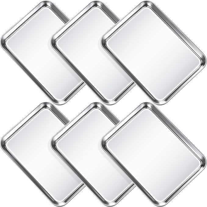 Potchen 6 Pcs Baking Sheet Pan Set Stainless Steel Cookie Sheet Small Toaster Oven Pans Tray Barbecue Grill Pan Rectangle Trays Oven Freezer Bakery, Non-stick, Easy Clean, 9 x 6.7 x 1 Inches