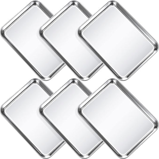 Potchen 6 Pcs Baking Sheet Pan Set Stainless Steel Cookie Sheet Small Toaster Oven Pans Tray Barbecue Grill Pan Rectangle Trays Oven Freezer Bakery, Non-stick, Easy Clean, 9 x 6.7 x 1 Inches