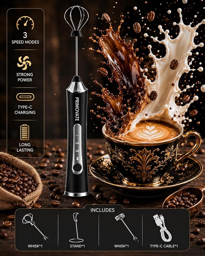 Rechargeable Milk Frother Handheld, Electric Coffee Frother with 2 Whisk, 3-Speed Powerful Drink Mixer, USB-C, Milk Foamer for Coffee,Latte,Cappuccino,Matcha & HotChocolate (Black+Stand)