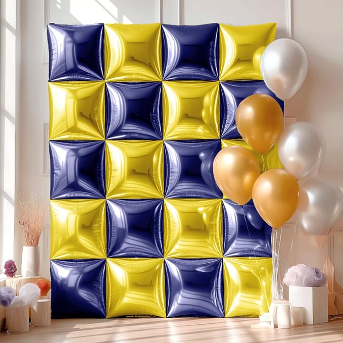 NISOCY 25PCS Blue Gold Square Foil Balloons Wall Backdrop Double Sided Navy Blue Gold Balloons Arch Kit for Birthday Graduation Baby Shower Wedding Anniversary Party Decorations