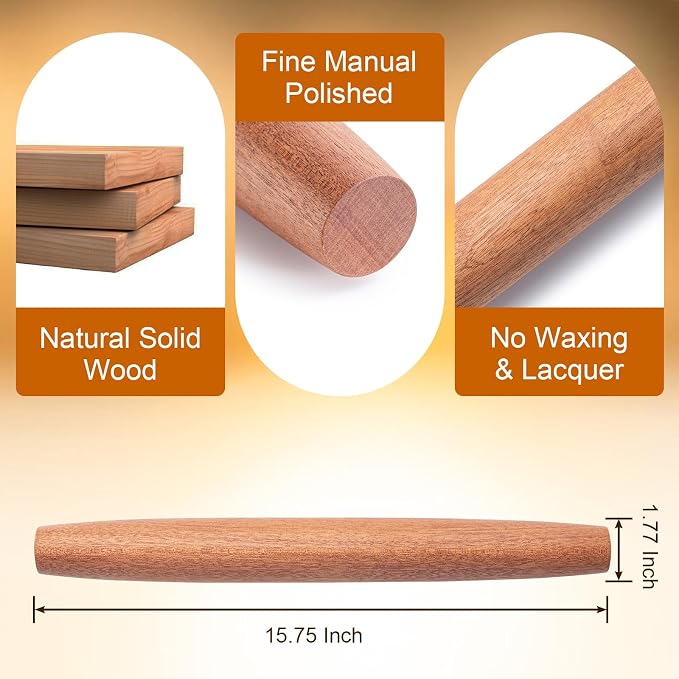 AISOSO French Rolling Pin, 15.75 Inches Wood Rolling Pins for Baking, Extra Long Classic Wooden Dough Roller for Fondant Pizza Pie Crust Cookie Pastry, Kitchen Baking Essentials, Brown