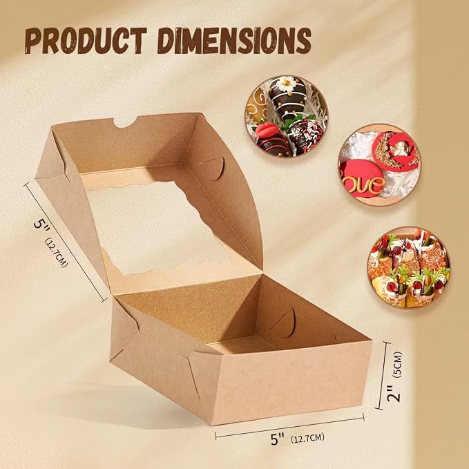 50 Pcs Bakery Boxes - 5x5x2 Inch with Window - Cookies, Mini Cakes, Chocolate Covered Strawberries, Macarons, Pies & Brownie Boxes