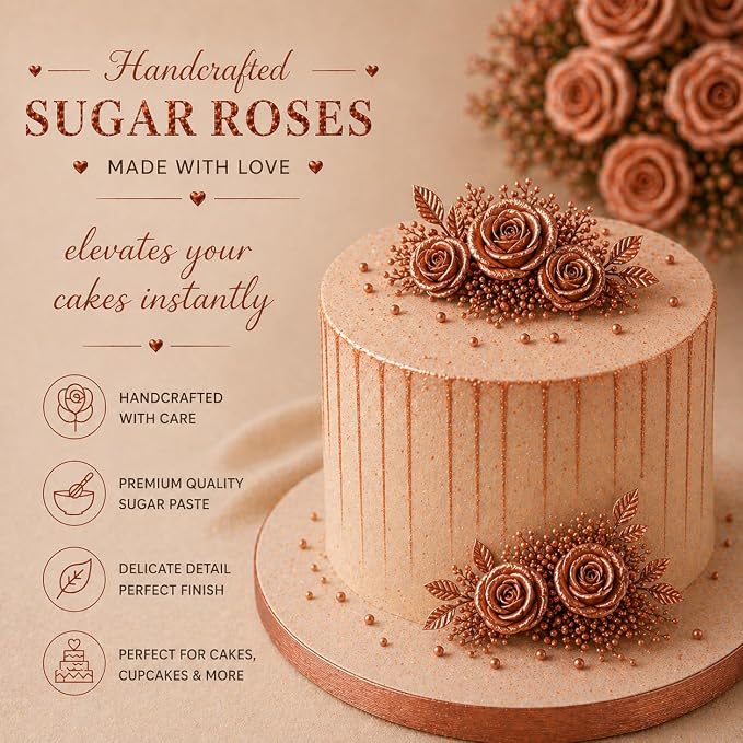 Confect Metallic Edible Copper Roses | Edible Cupcake Toppers | Edible Flower For Cake Decorating | Pack Of 12 Edible Metallic Sugar Flowers for Cake Decorating- Vegan, Soy-Free, Dairy-Free