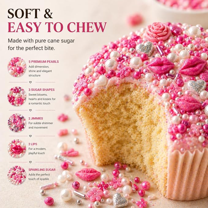 Handcrafted Pink Mini Roses, Silver Hearts, Vermicelli & White Pearls - Vegan, Gluten-Free, Nut-Free, Soy-Free, Dairy-Free Cake & Baking Sprinkles - Perfect for Anniversaries & Special Occasions - 5 Oz