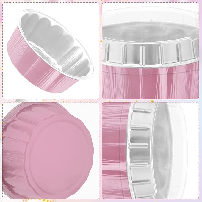Tessco for you 100 Pcs Disposable Ramekins with Lids 8 oz Creme Brulee Ramekin Aluminum Foil Cup Cupcake Liner Baking Valentines Disposable Muffin Tin Pan Cheesecake Container (Pink,Silver)