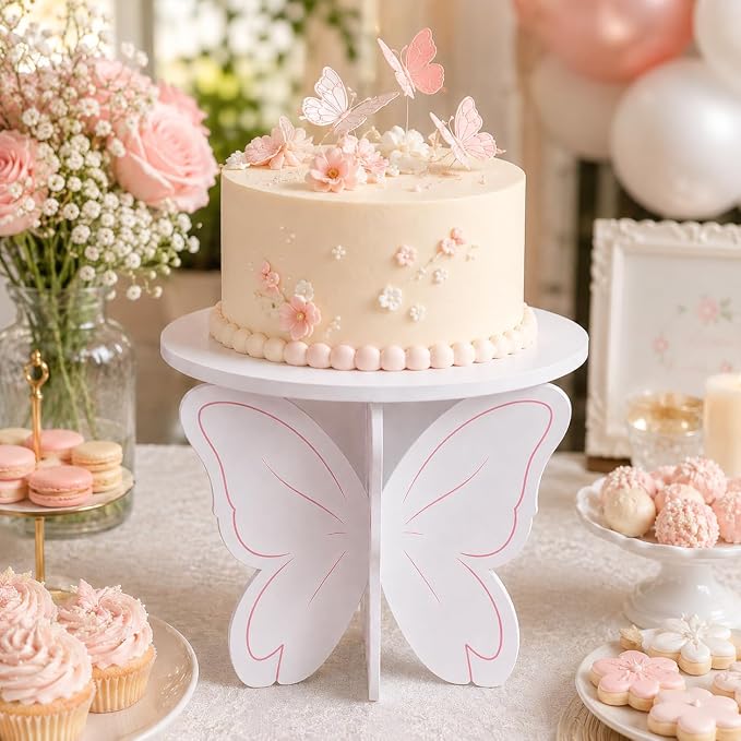 Pink White Butterfly Cake Stand, 3D PVC Dessert Display Stand for Birthday Party, Baby Shower, Wedding and Dessert Table Decor, Cake Holder for Cupcakes, Cakes and Sweets