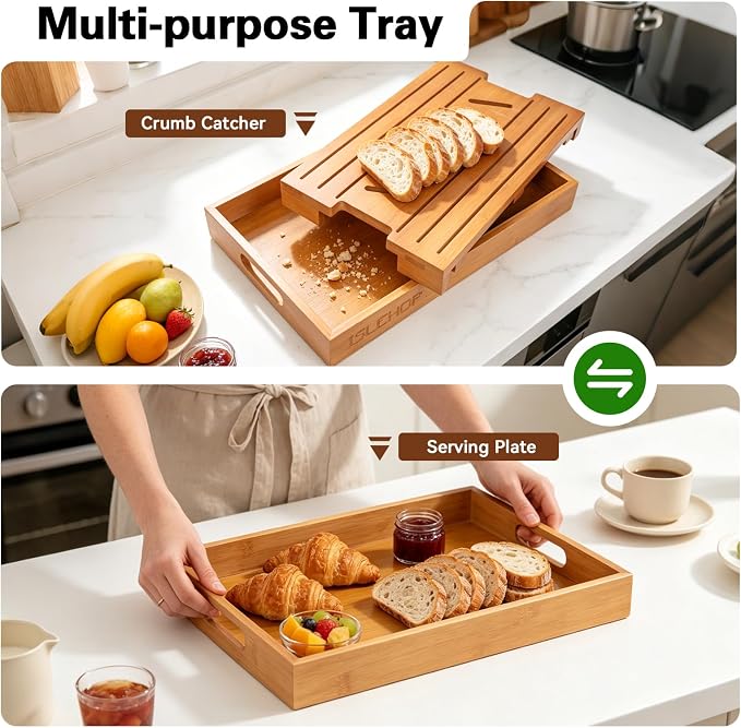 Bread Slicer for Homemade Bread - Bread Cutter Board with Adjustable Width Stainless Steel Slicing Guides & Crumb Tray, Bread Cutter for Sourdough, Bagel, Loaves (Bamboo+Stainless steel)