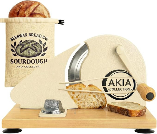 Bread Slicer for Homemade Bread & Sourdough Rounds — Manual Sourdough Slicer, Hand Crank Cutter with Adjustable Thickness, Stainless Steel Blade, Includes Beeswax Bag