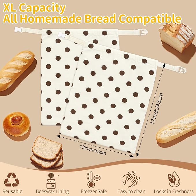 2 Pack Beeswax Bread Bags for Homemade Sourdough,XL Natural Cotton Reusable Beeswax Bread Storage Bag with Zipper,Keep Fresh longer and Freezer-Friendly (17x13") (Brown polka dots)