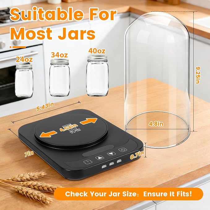 Sourdough Starter Warmer with Glass Dome, Sour Dough Warmer & Glass Cover - 70-100°F Precise 1°F Thermostat Control & 12H Timer Auto Warming ON/Off, Sourdough Warming Mat for 24oz 34oz 40oz Jars